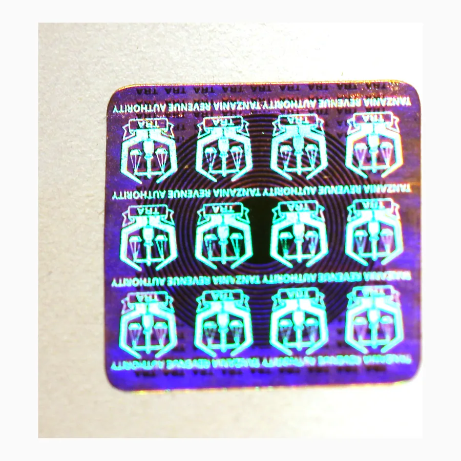 Holographic excise stamp showing a repeated revenue authority emblem with a micro-text border