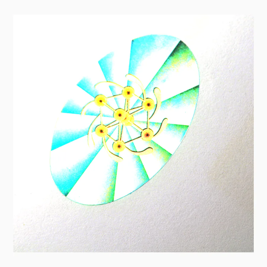 Circular holographic security label showing a radial diffraction pattern shifting through green and gold