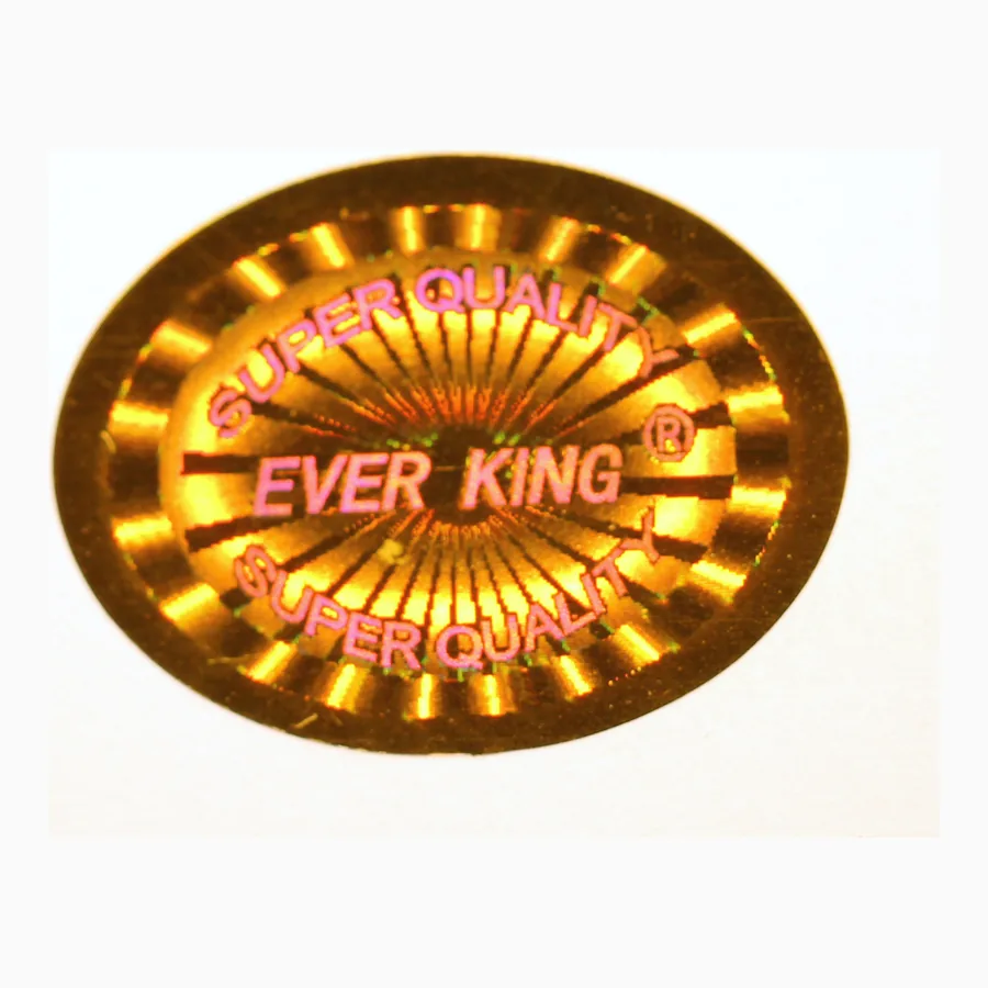 Round hologram sticker with a brand wordmark over a dense field of holographic micro-text